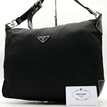 PRADA Shoulder Bag Purse Logo Nylon Leather Black Authentic