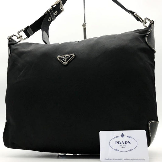 PRADA Shoulder Bag Purse Logo Nylon Leather Black Authentic