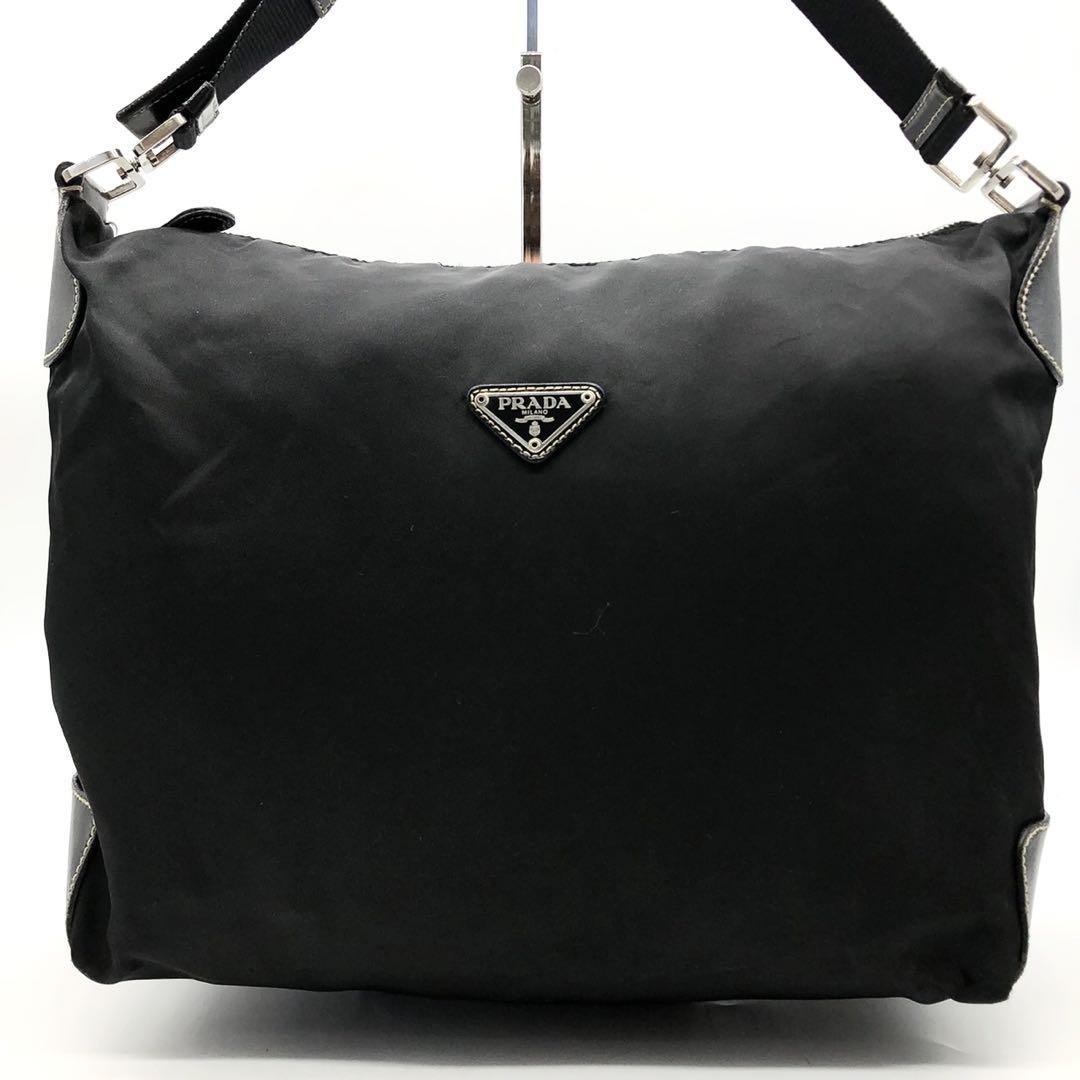 PRADA Shoulder Bag Purse Logo Nylon Leather Black Authentic