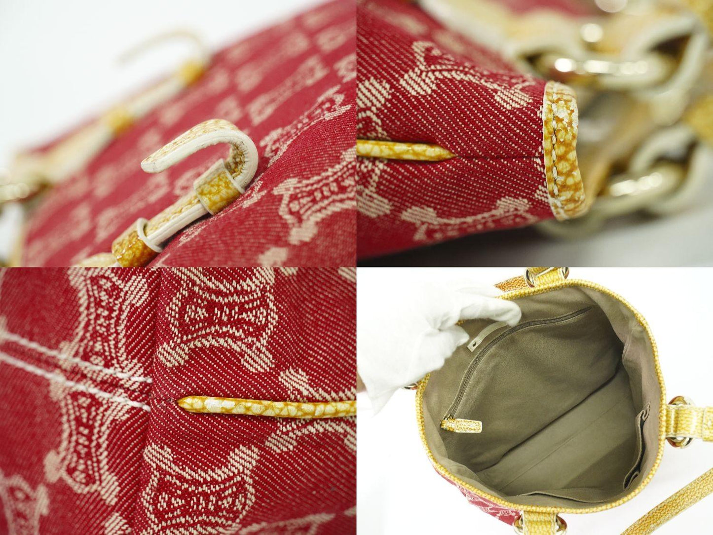 CELINE Hand Bag Tote Purse Macadam Canvas Red Authentic