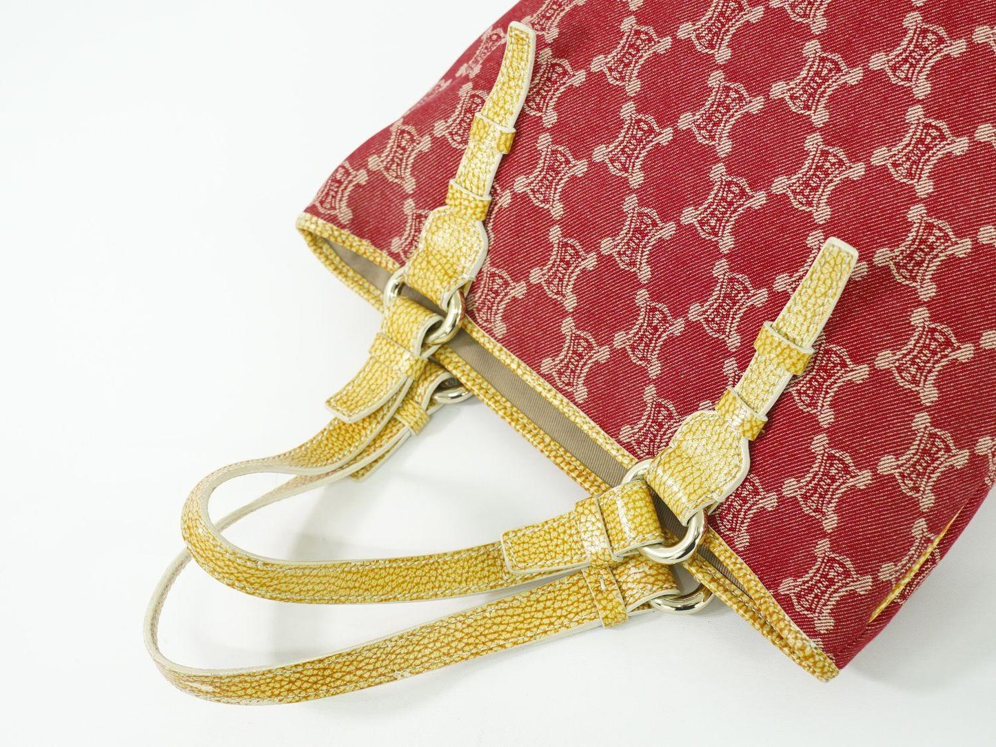 CELINE Hand Bag Tote Purse Macadam Canvas Red Authentic