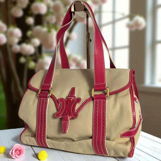 CELINE Hand Bag Tote Purse Macadam Canvas Pink Authentic