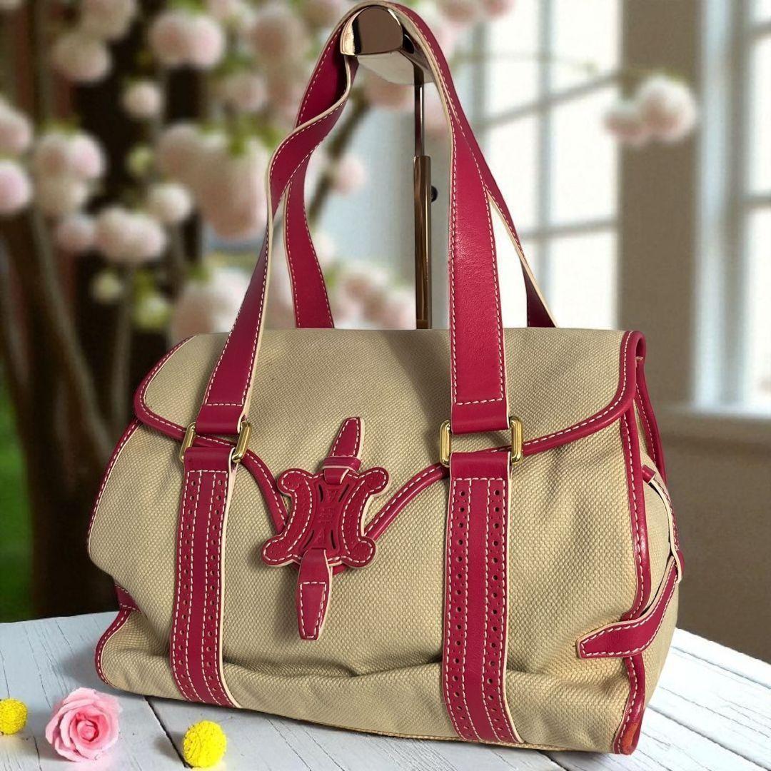 CELINE Hand Bag Tote Purse Macadam Canvas Pink Authentic
