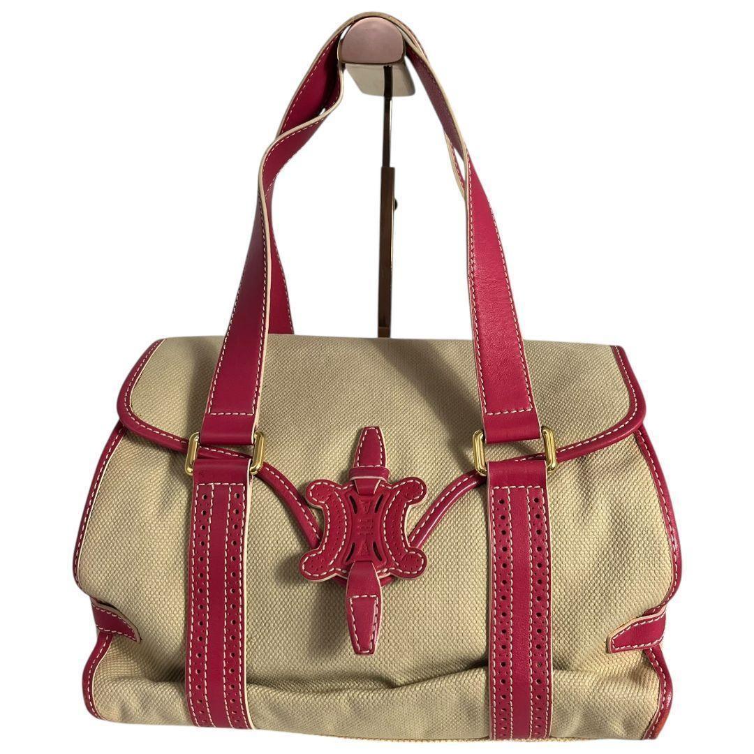 CELINE Hand Bag Tote Purse Macadam Canvas Pink Authentic