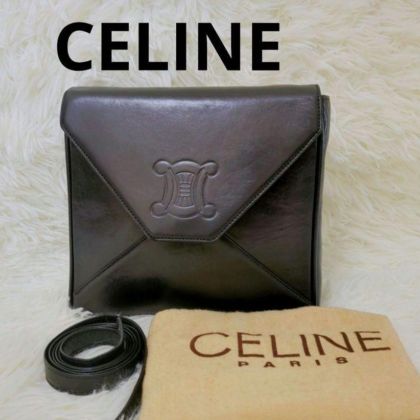 CELINE Shoulder Bag Purse Macadam Leather Black Authentic