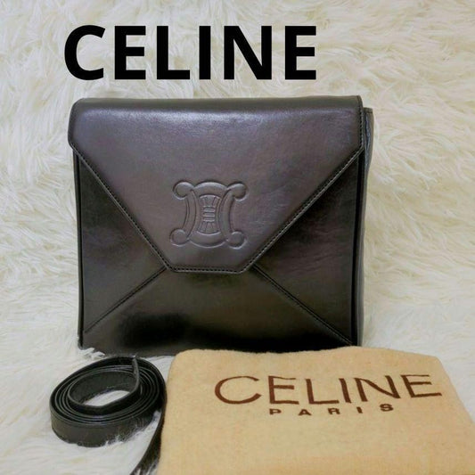 CELINE Shoulder Bag Purse Macadam Leather Black Authentic