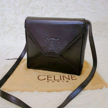 CELINE Shoulder Bag Purse Macadam Leather Black Authentic