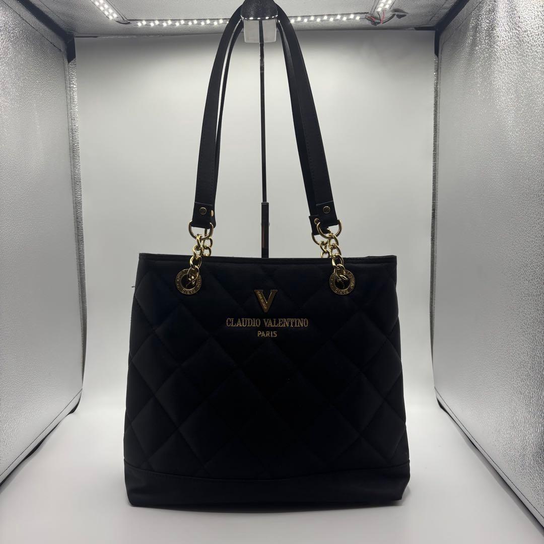 Valentino Hand Bag Tote Purse Chain Black Authentic