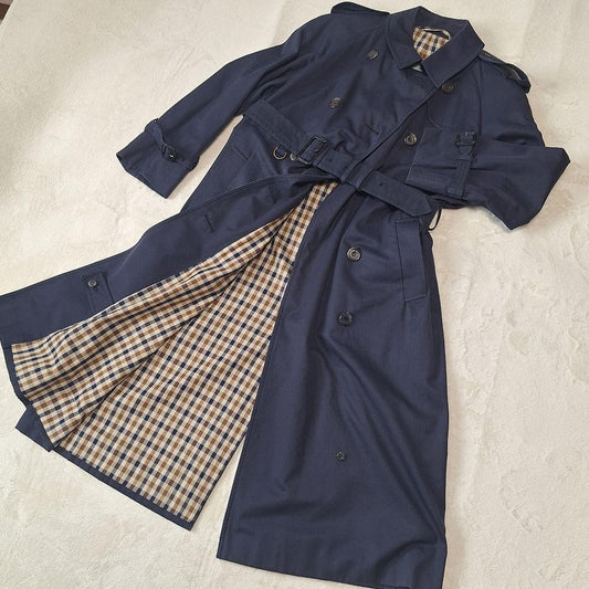 Aquascutum Trench Coat Club Check Asian fit L US size M Navy Authentic