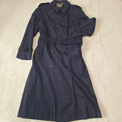Aquascutum Trench Coat Club Check Asian fit L US size M Navy Authentic