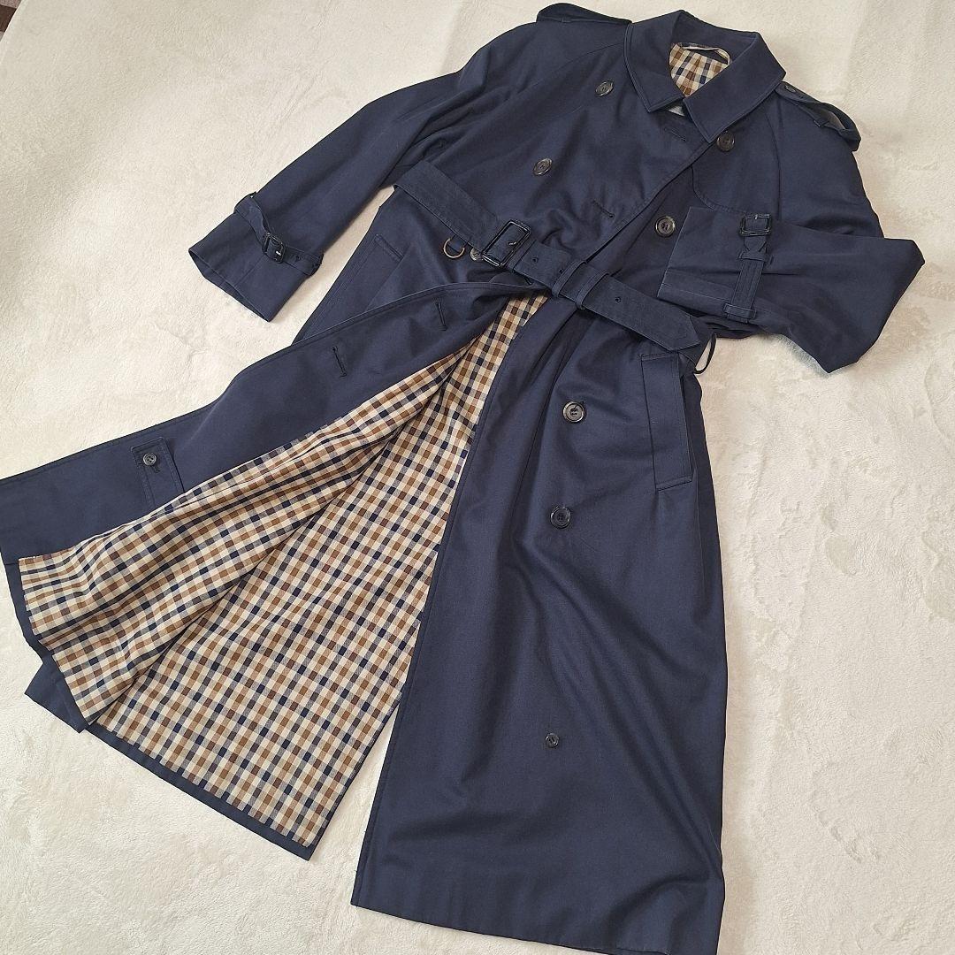Aquascutum Trench Coat Club Check Asian fit L US size M Navy Authentic