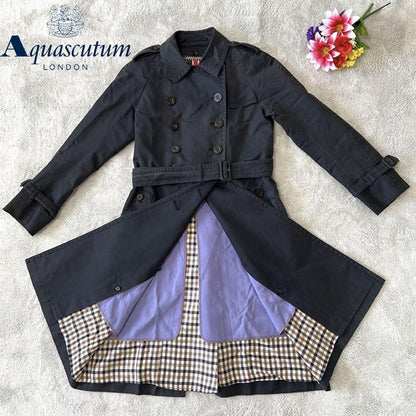 Aquascutum Trench Coat Club Check Asian fit L US size M Black Authentic