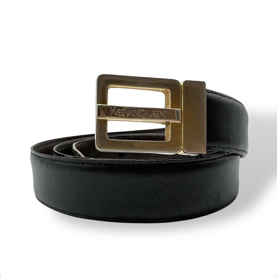 Saint Laurent Men's Belt Logo Leather Black Gold Authentic