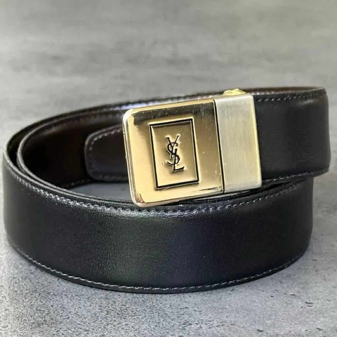 Saint Laurent Men's Belt YSL Cassandra Leather Gold Authentic