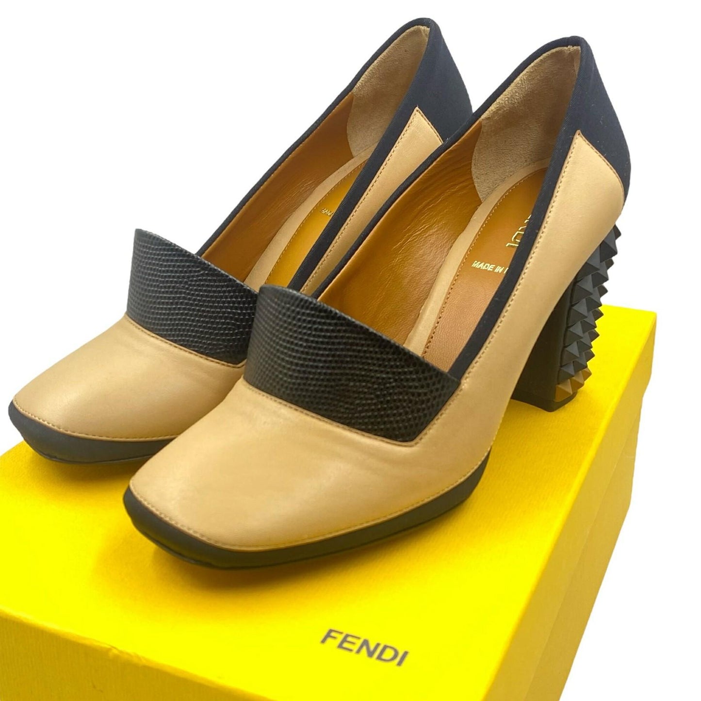 FENDI Shoes Pumps Heel EU 37 US 7 Leather Beige Black Authentic