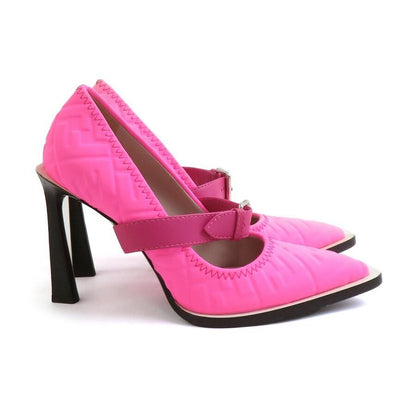 FENDI Shoes Pumps Heel FF Zucca EU 37 US 7 Nylon Canvas Leather Pink Authentic