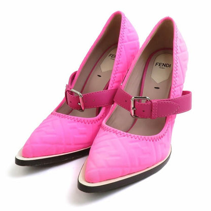 FENDI Shoes Pumps Heel FF Zucca EU 37 US 7 Nylon Canvas Leather Pink Authentic