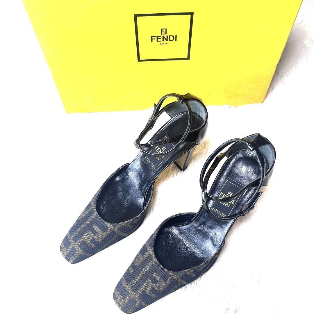 FENDI Shoes Pumps Heel FF Zucca EU 35.5 US 5.5 Canvas Leather Black Brown Auth