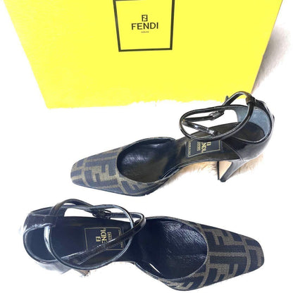FENDI Shoes Pumps Heel FF Zucca EU 35.5 US 5.5 Canvas Leather Black Brown Auth