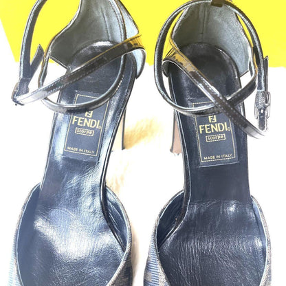 FENDI Shoes Pumps Heel FF Zucca EU 35.5 US 5.5 Canvas Leather Black Brown Auth