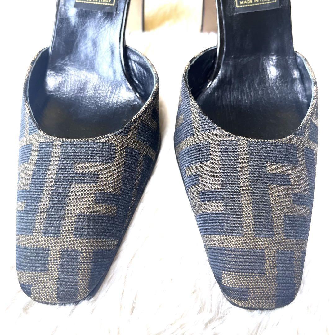 FENDI Shoes Pumps Heel FF Zucca EU 35.5 US 5.5 Canvas Leather Black Brown Auth