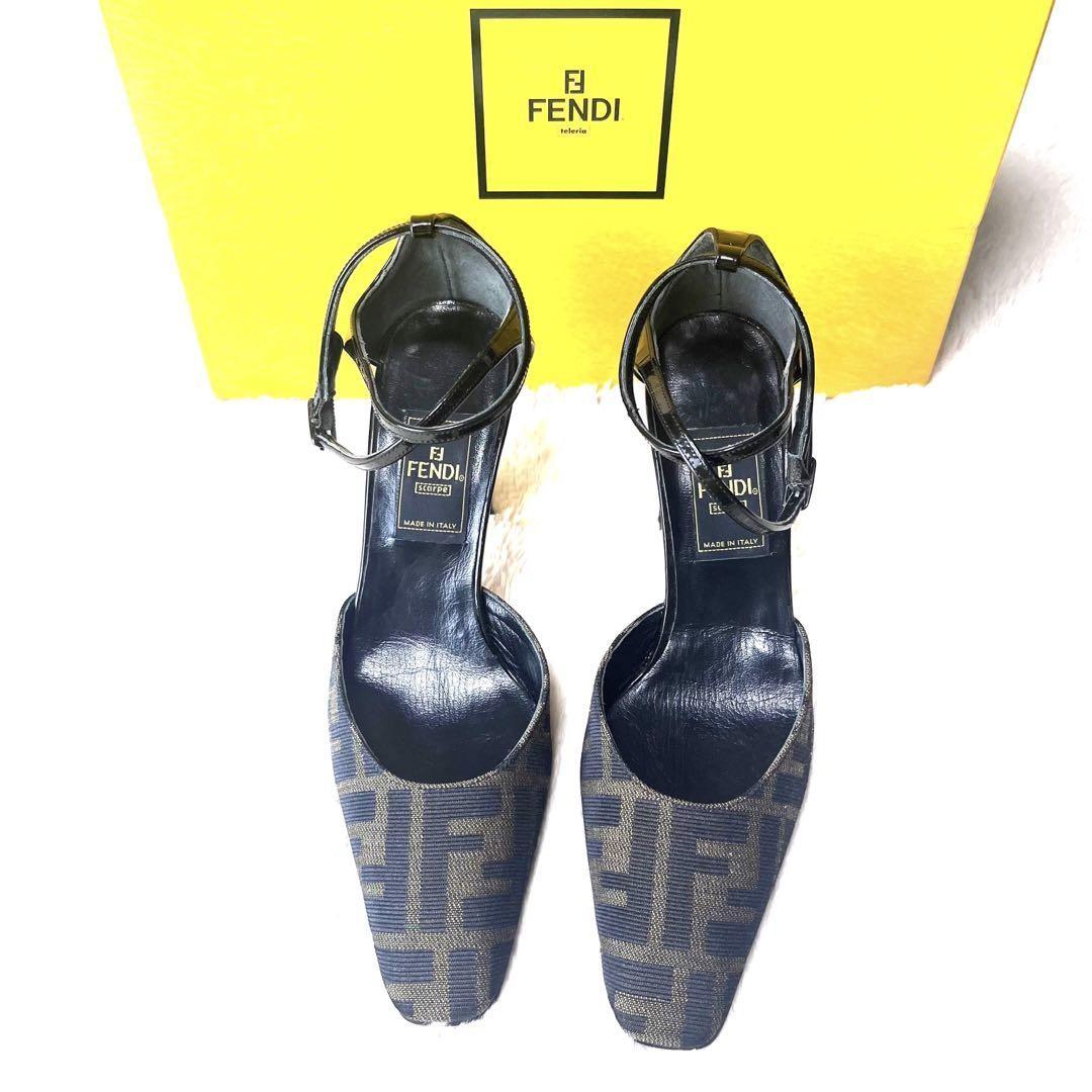 FENDI Shoes Pumps Heel FF Zucca EU 35.5 US 5.5 Canvas Leather Black Brown Auth