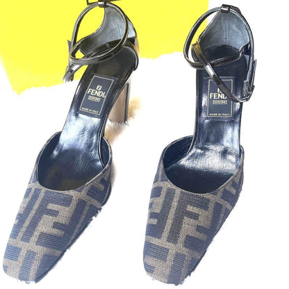 FENDI Shoes Pumps Heel FF Zucca EU 35.5 US 5.5 Canvas Leather Black Brown Auth