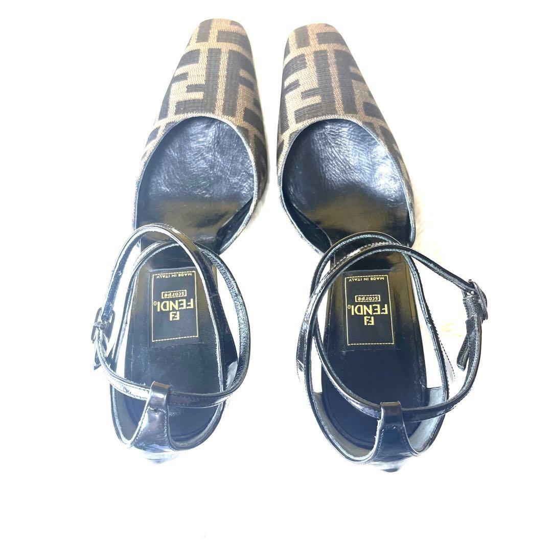 FENDI Shoes Pumps Heel FF Zucca EU 35.5 US 5.5 Canvas Leather Black Brown Auth
