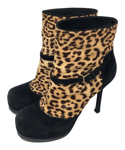 Saint Laurent Short Boots Shoes EU 37 US 7 Black Leopard Authentic