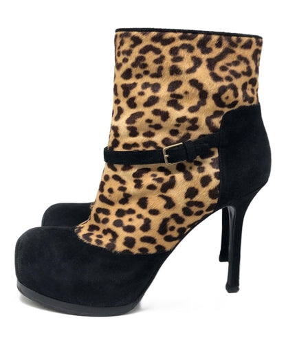 Saint Laurent Short Boots Shoes EU 37 US 7 Black Leopard Authentic