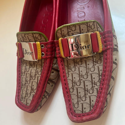 Christian Dior Loafers Shoes Trotter EU 35.0 US 5.0 Canvas Leather Red Beige