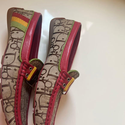 Christian Dior Loafers Shoes Trotter EU 35.0 US 5.0 Canvas Leather Red Beige