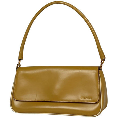 PRADA Shoulder Bag Purse Logo Leather Brown Authentic