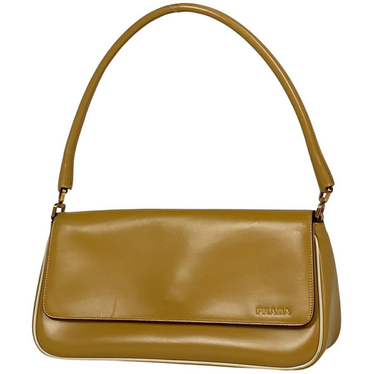 PRADA Shoulder Bag Purse Logo Leather Brown Authentic