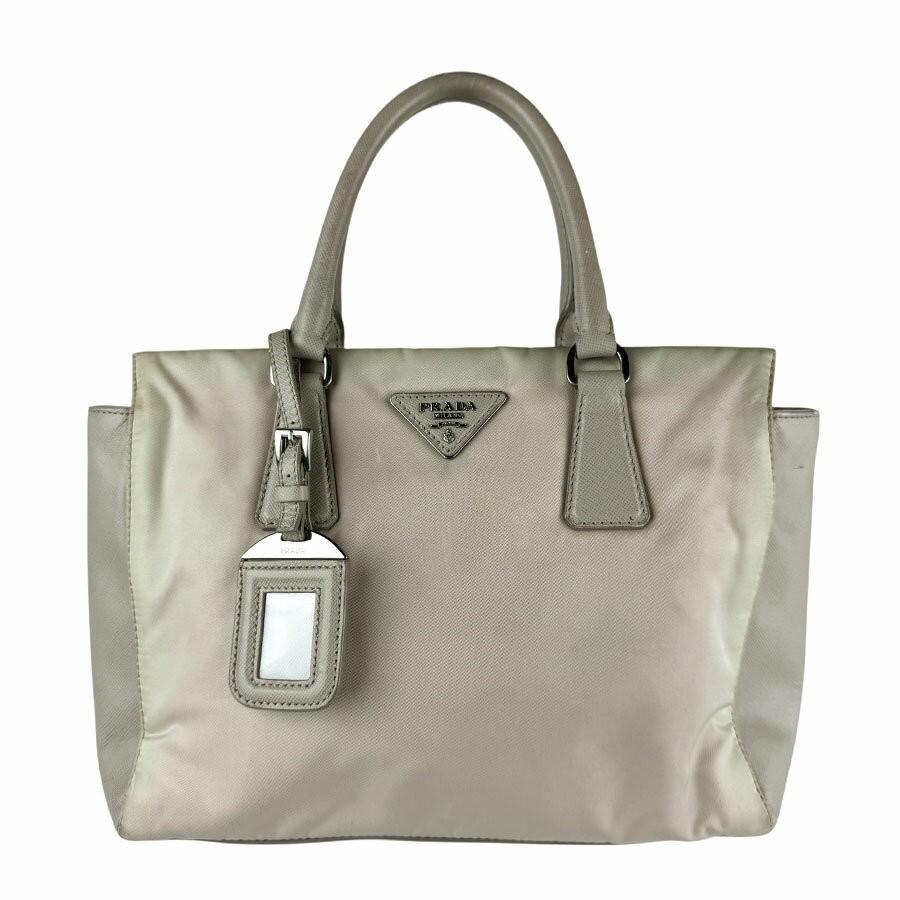 PRADA Hand Bag Tote Purse Logo Nylon Leather Light Gray Authentic