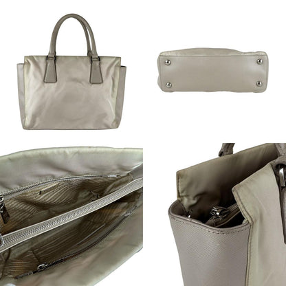 PRADA Hand Bag Tote Purse Logo Nylon Leather Light Gray Authentic