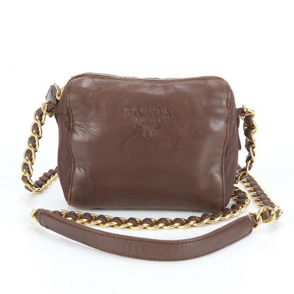PRADA Shoulder Bag Purse Chain Leather Brown Authentic