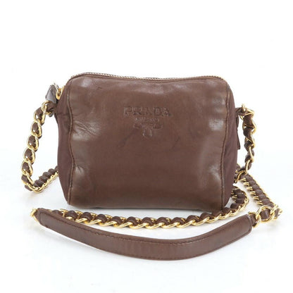 PRADA Shoulder Bag Purse Chain Leather Brown Authentic