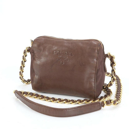 PRADA Shoulder Bag Purse Chain Leather Brown Authentic