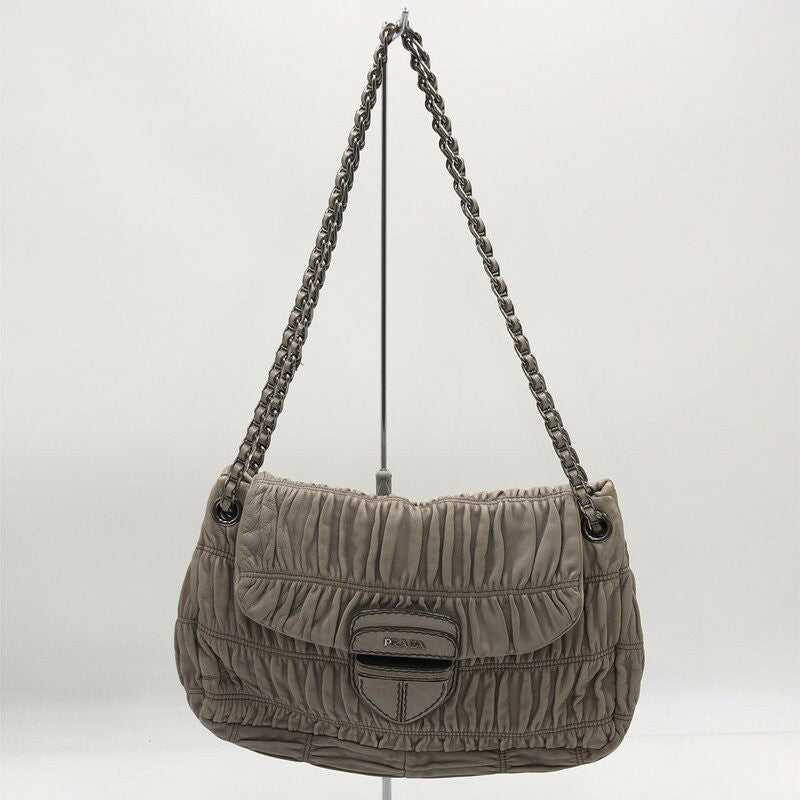 PRADA Shoulder Bag Purse Chain Leather Beige Authentic