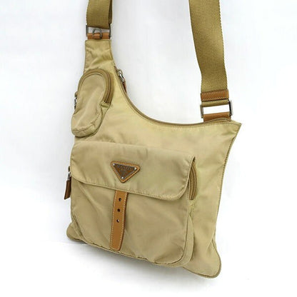 PRADA Shoulder Bag Purse Logo Nylon Beige Authentic