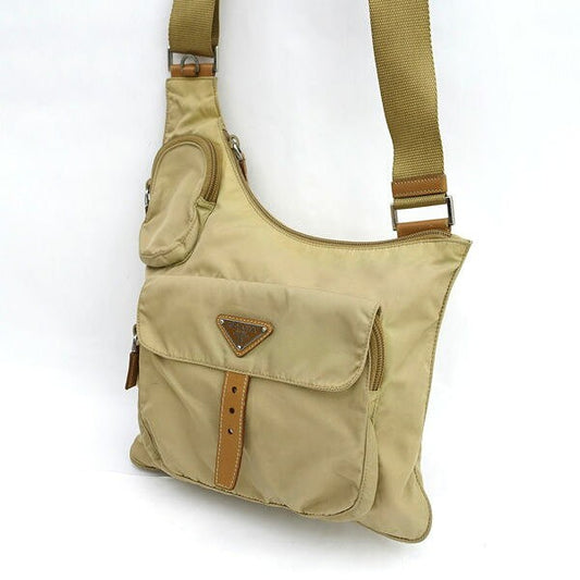 PRADA Shoulder Bag Purse Logo Nylon Beige Authentic