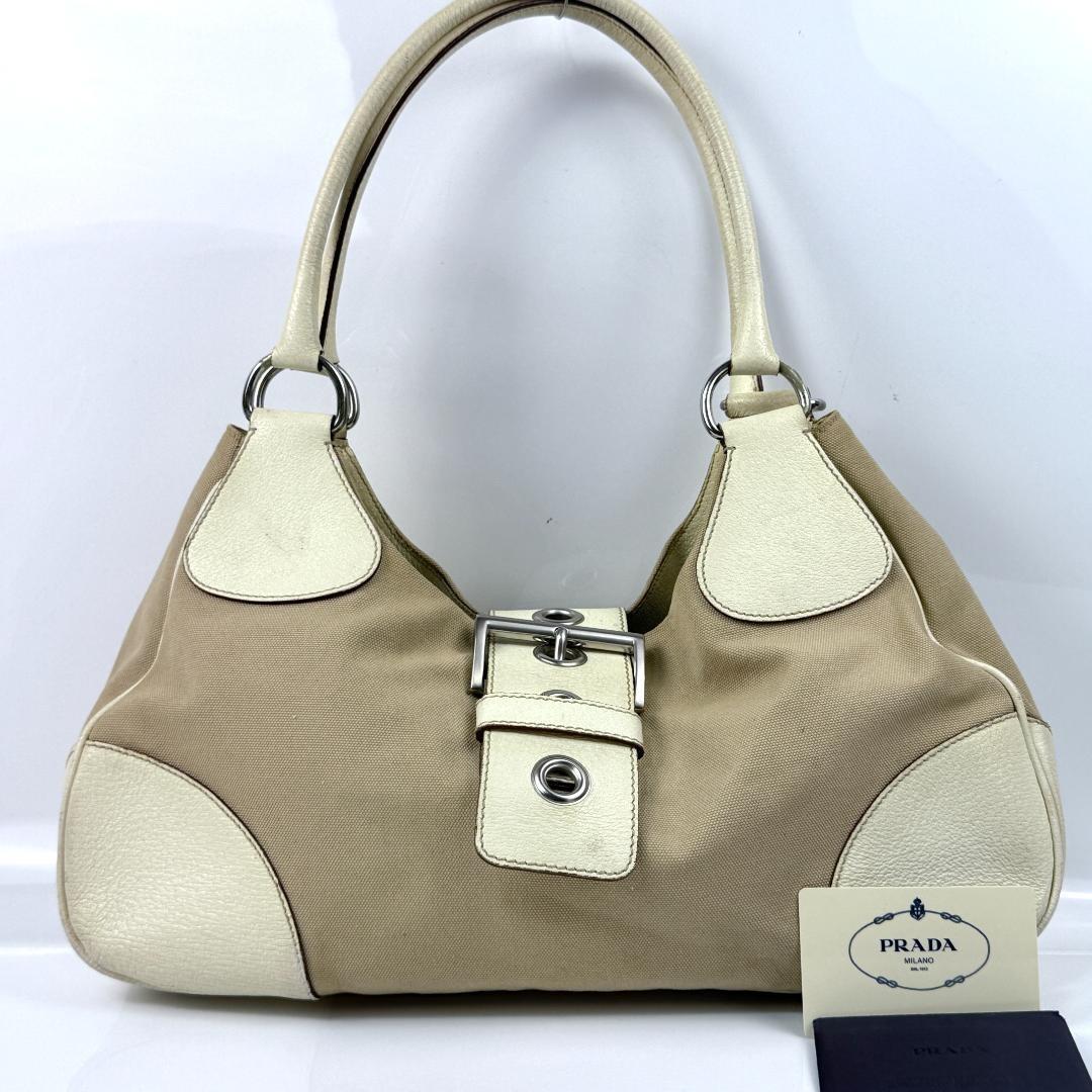 PRADA Shoulder Bag Purse Logo Leather Beige Authentic