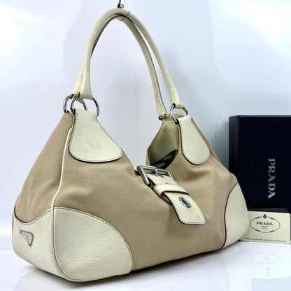 PRADA Shoulder Bag Purse Logo Leather Beige Authentic