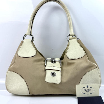PRADA Shoulder Bag Purse Logo Leather Beige Authentic
