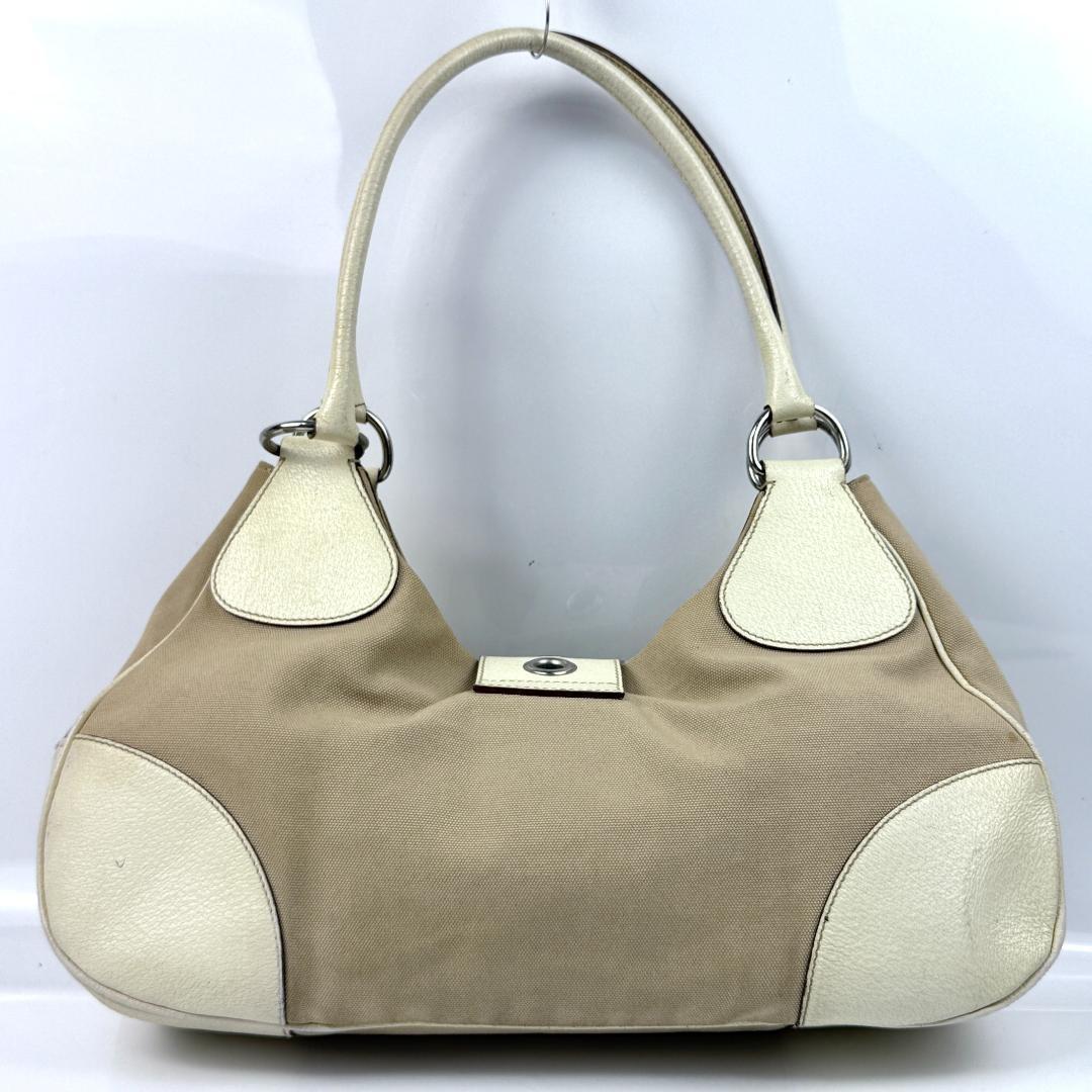 PRADA Shoulder Bag Purse Logo Leather Beige Authentic