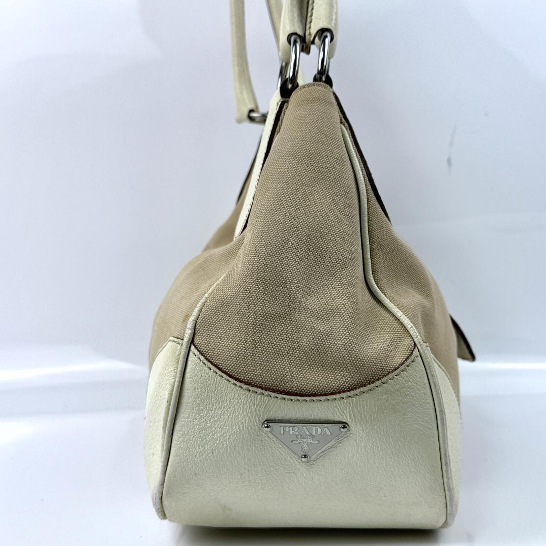 PRADA Shoulder Bag Purse Logo Leather Beige Authentic