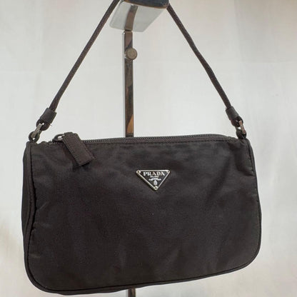 PRADA Accessory Pouch Hand Bag Tote Purse Logo Nylon Dark Brown Authentic