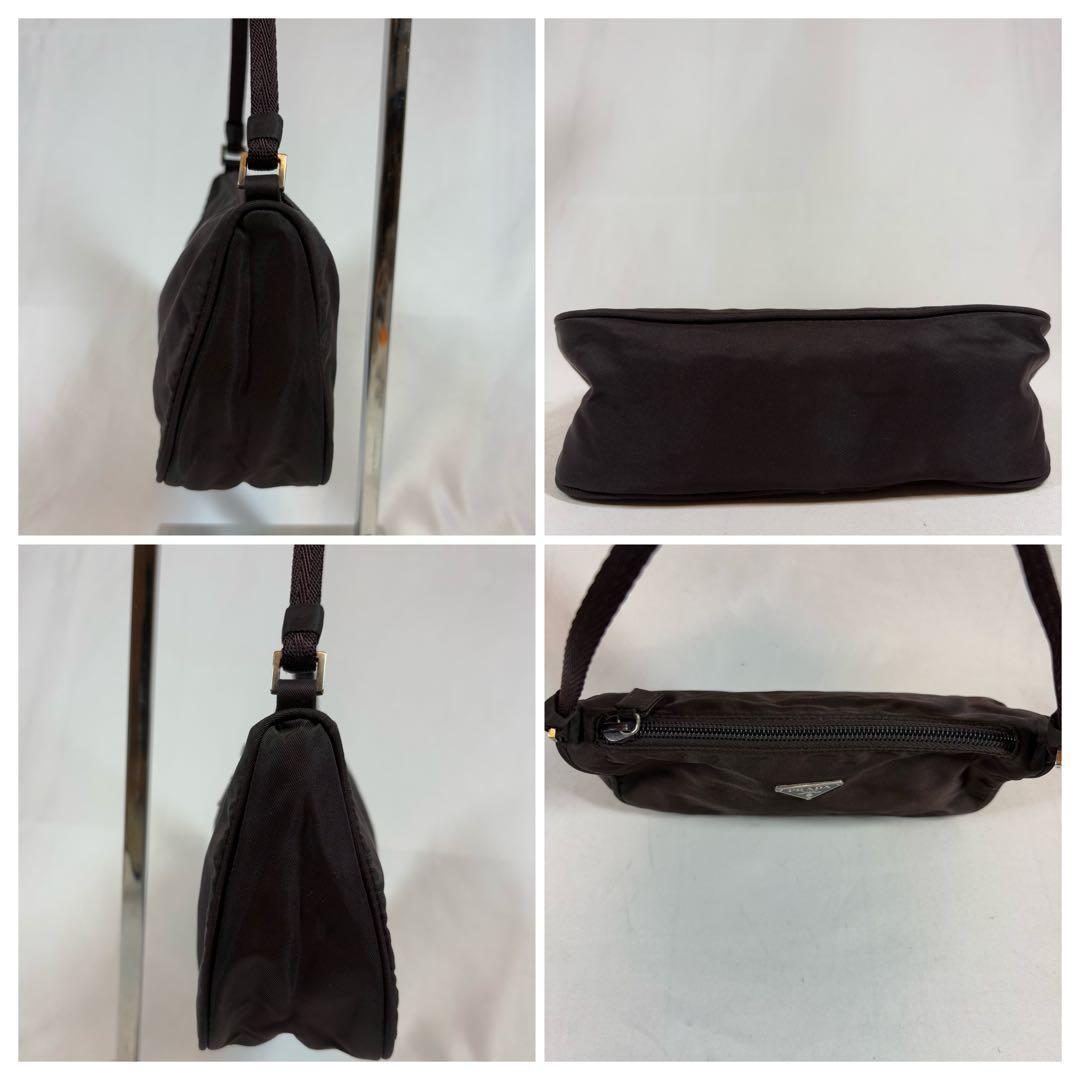 PRADA Accessory Pouch Hand Bag Tote Purse Logo Nylon Dark Brown Authentic