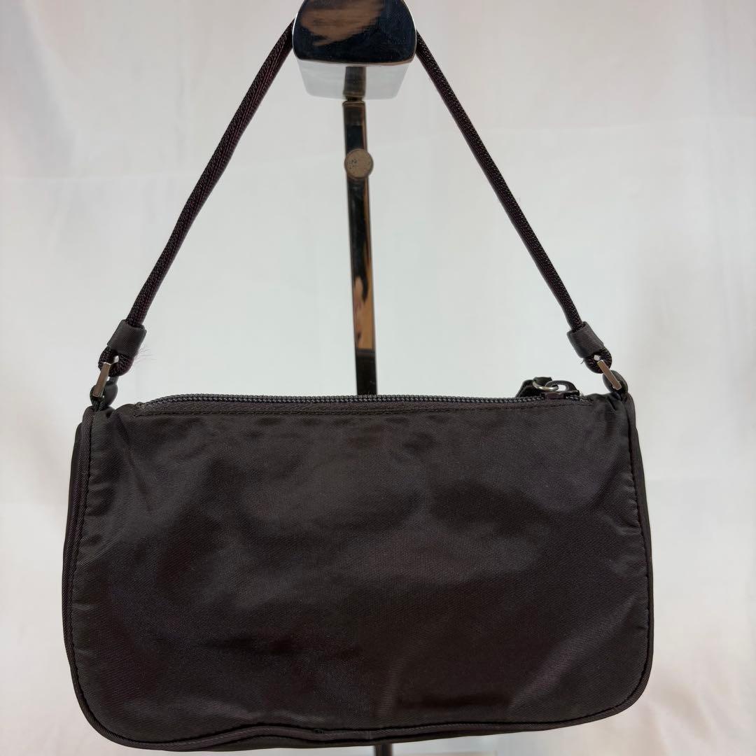 PRADA Accessory Pouch Hand Bag Tote Purse Logo Nylon Dark Brown Authentic